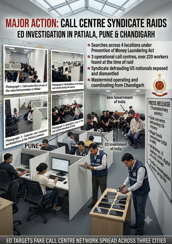 ED Crackdown: Massive Search Operations Uncover Fake Call Centre Syndicate Extorting US Citizens Across Patiala, Pune, and Chandigarh